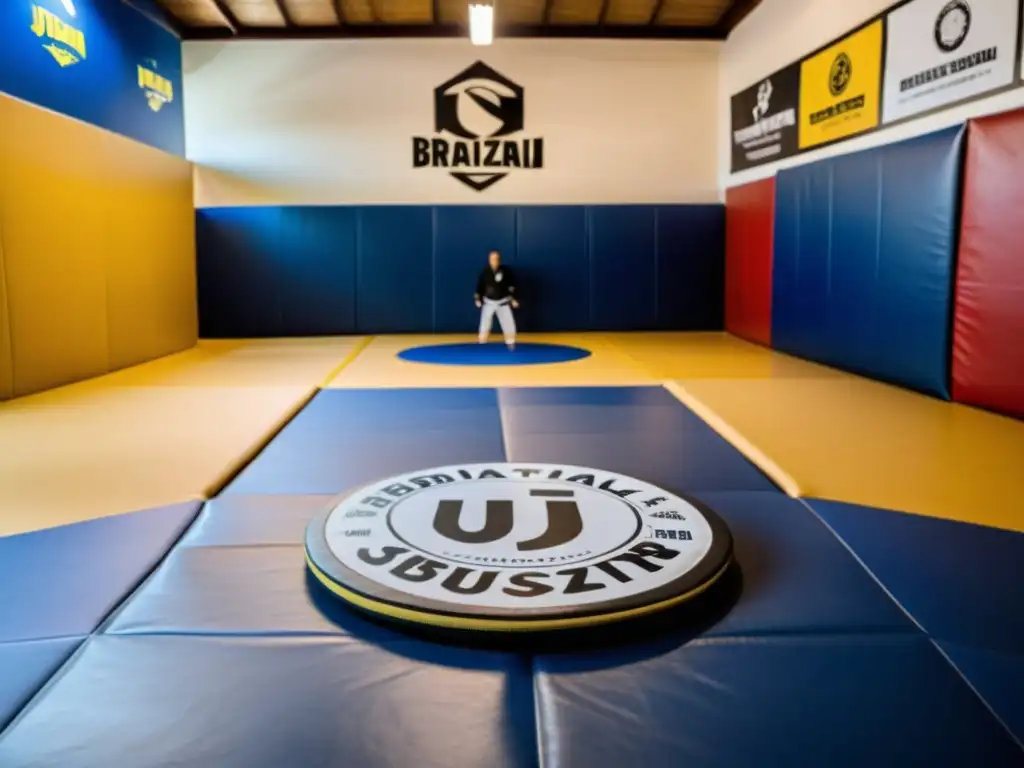 Vibrante clínica intensiva JiuJitsu Brasileño Brasil: mat de entrenamiento, practicantes, instructor y ambiente inmersivo inspirador