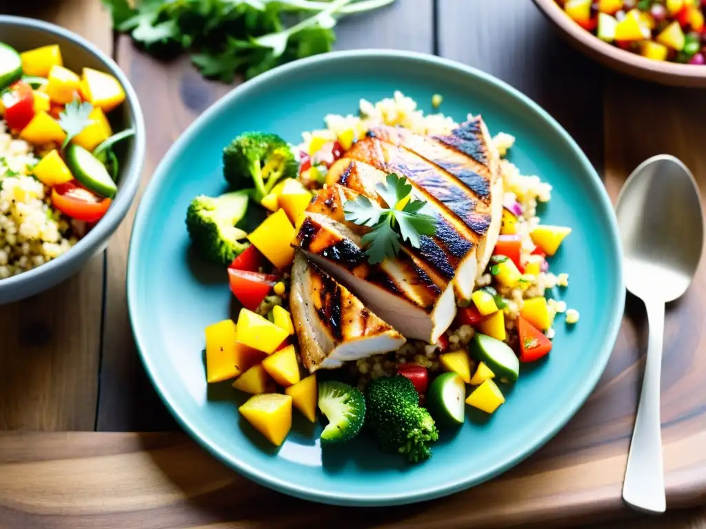 Vibrante comida post entrenamiento artes marciales: pechuga de pollo a la parrilla con salsa de mango, quinua y ensalada, sobre una mesa rústica de madera
