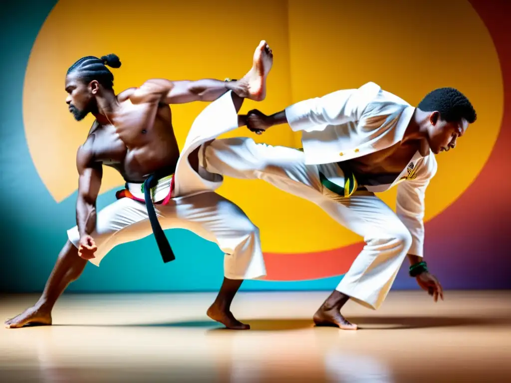 Vibrante contraste entre Capoeira Regional y Capoeira Angola en un dinámico y acrobático ginga