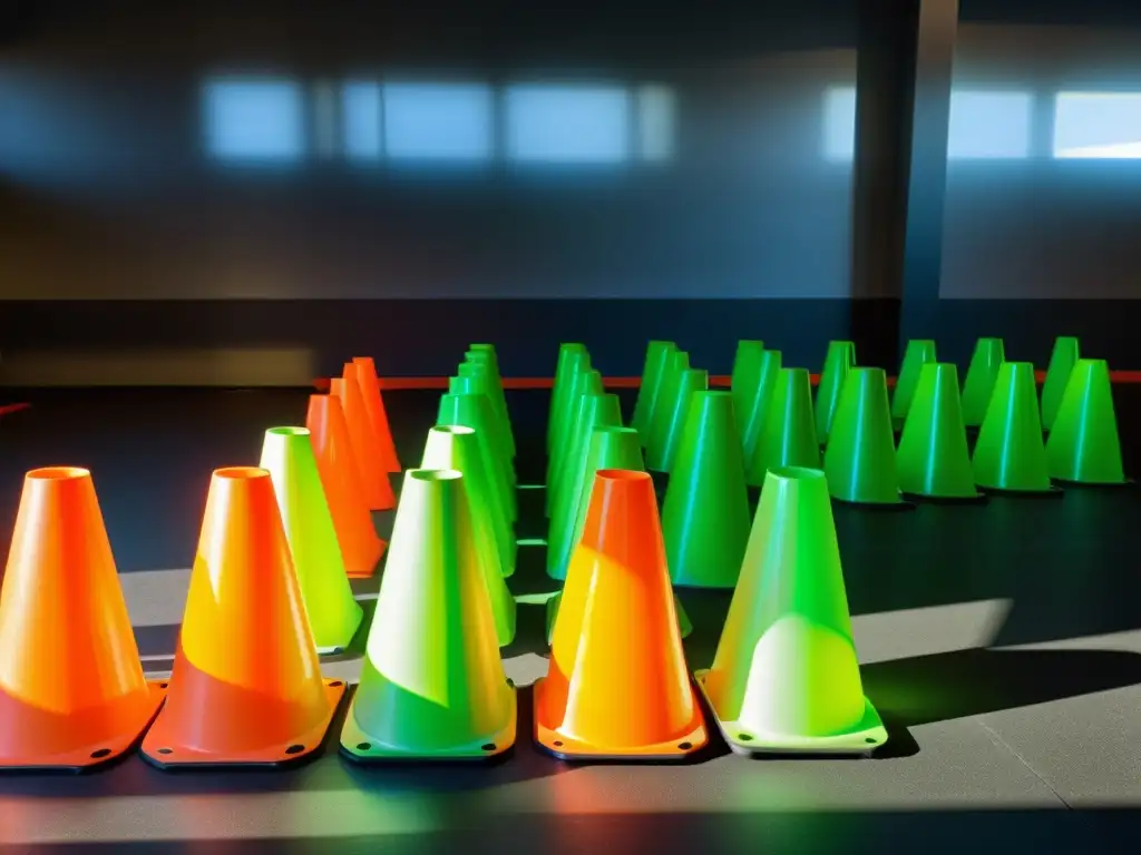 Vibrante cuadrícula de los mejores discos y conos entrenamiento artes marciales, con sombras nítidas y colores brillantes en el suelo del gimnasio