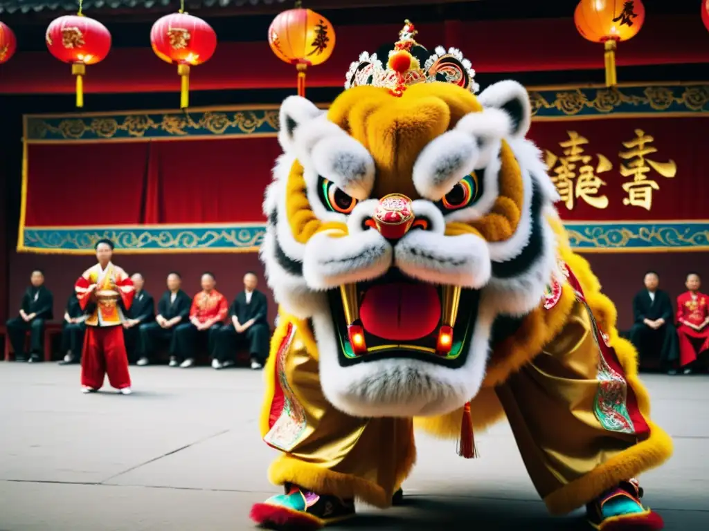 Vibrante danza del león en escuela de artes marciales chinas, tradición y energía en aplicaciones para aprender artes marciales chinas