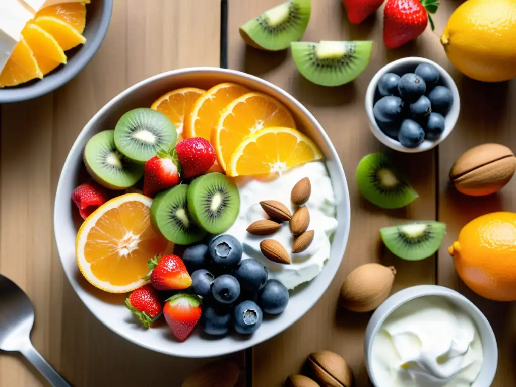 Vibrante desayuno energético para practicantes de artes marciales en una mesa de madera con frutas, frutos secos, yogur griego y té verde