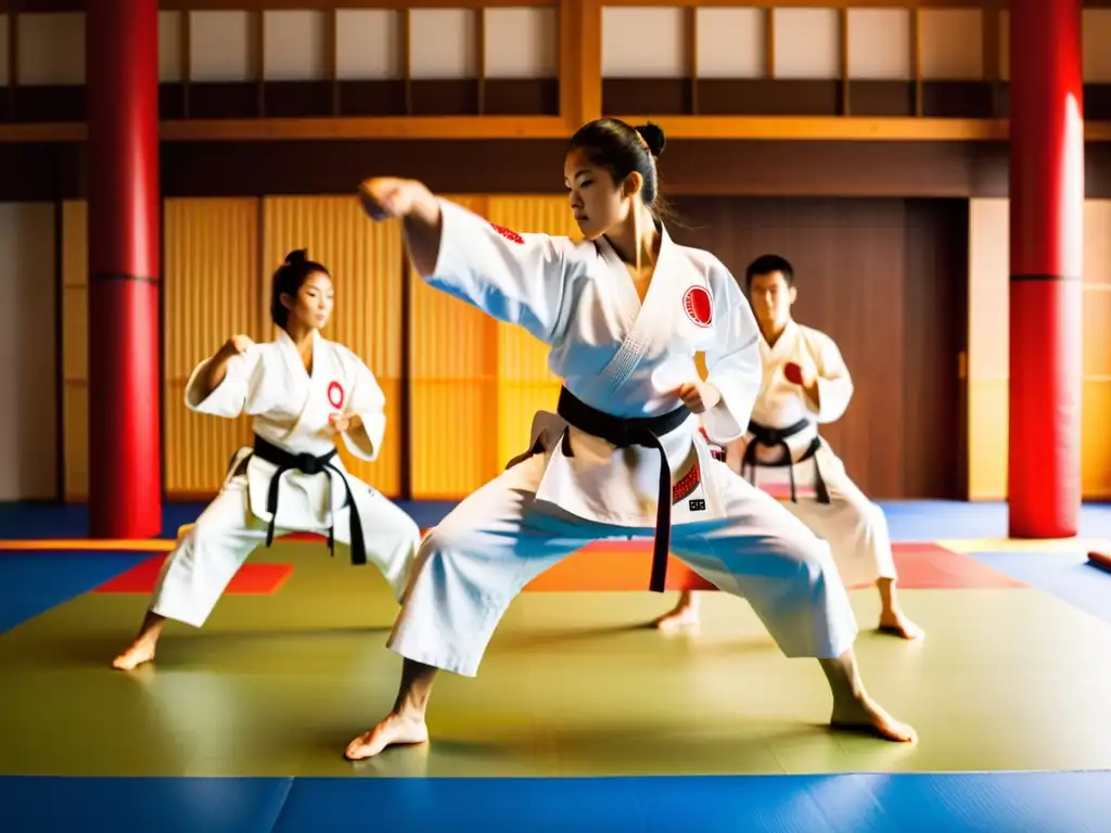 Un vibrante dojo mundial de karate, reflejando la diversidad cultural y el enfoque disciplinado de la práctica