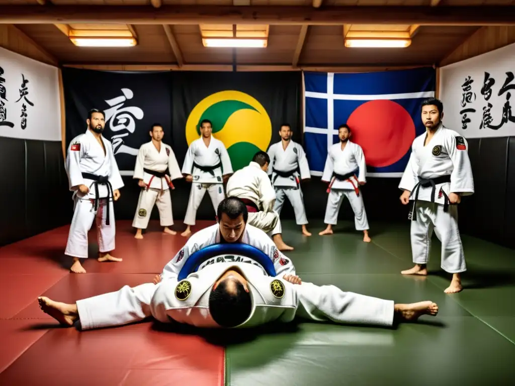 Vibrante entrenamiento en dojo: nacimiento JiuJitsu Brasileño lazos marciales en práctica dinámica con maestros japoneses