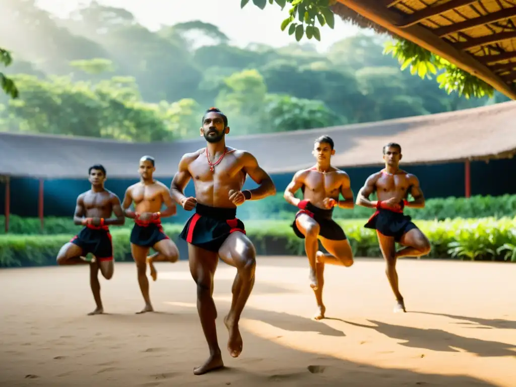 Un vibrante entrenamiento de Kalaripayattu en Kerala, con practicantes concentrados en medio de exuberante vegetación y un escenario tradicional al aire libre