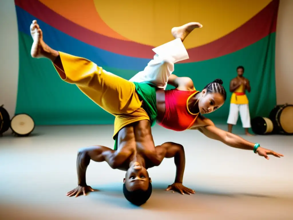 Vibrante escena de capoeira, con movimientos acrobáticos y vestimenta colorida