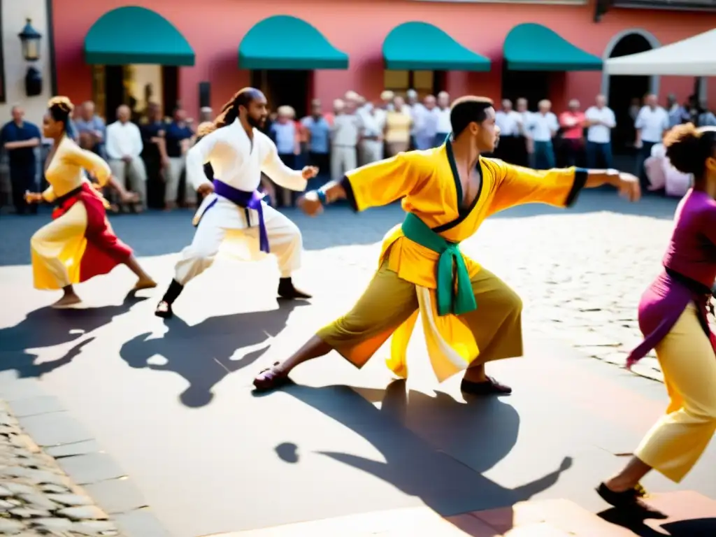 Vibrante escena de Capoeira en la Plaza AfroBrasileña: colores, movimiento y energía en un ambiente festivo