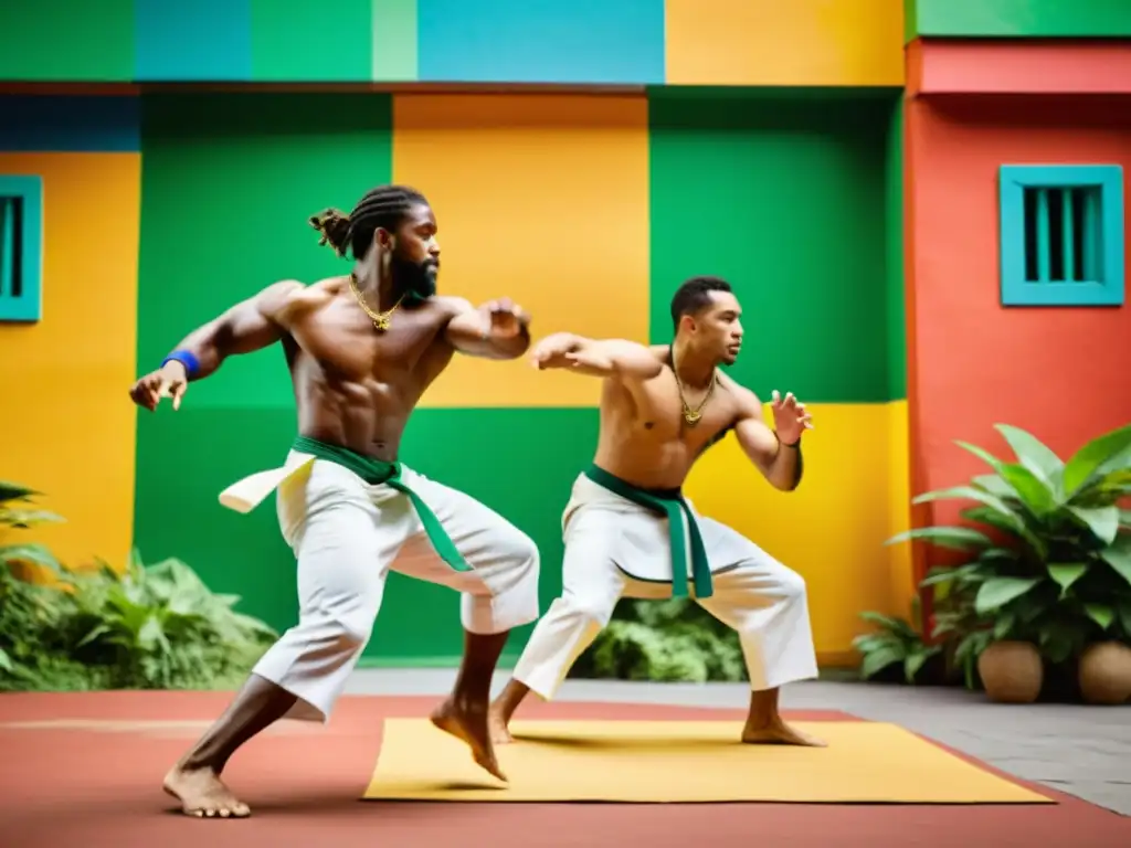 Un vibrante escenario al aire libre donde practicantes de capoeira realizan movimientos dinámicos y expresivos