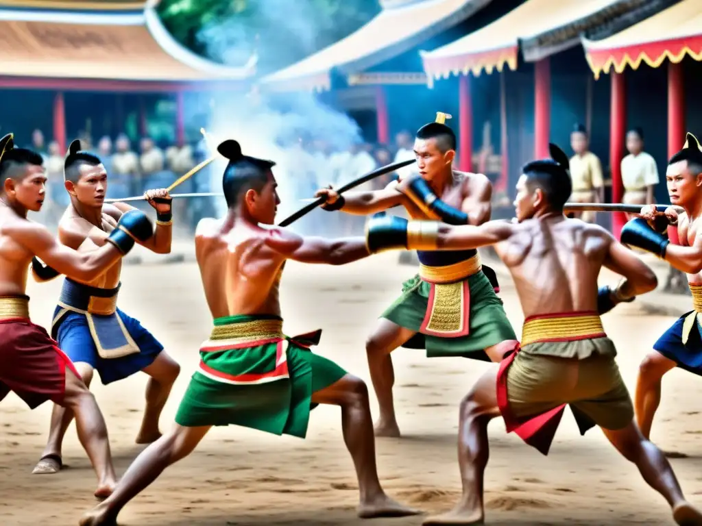 Un vibrante escenario muestra antiguos guerreros tailandeses practicando Muay Boran, revelando el origen y técnicas del arte marcial