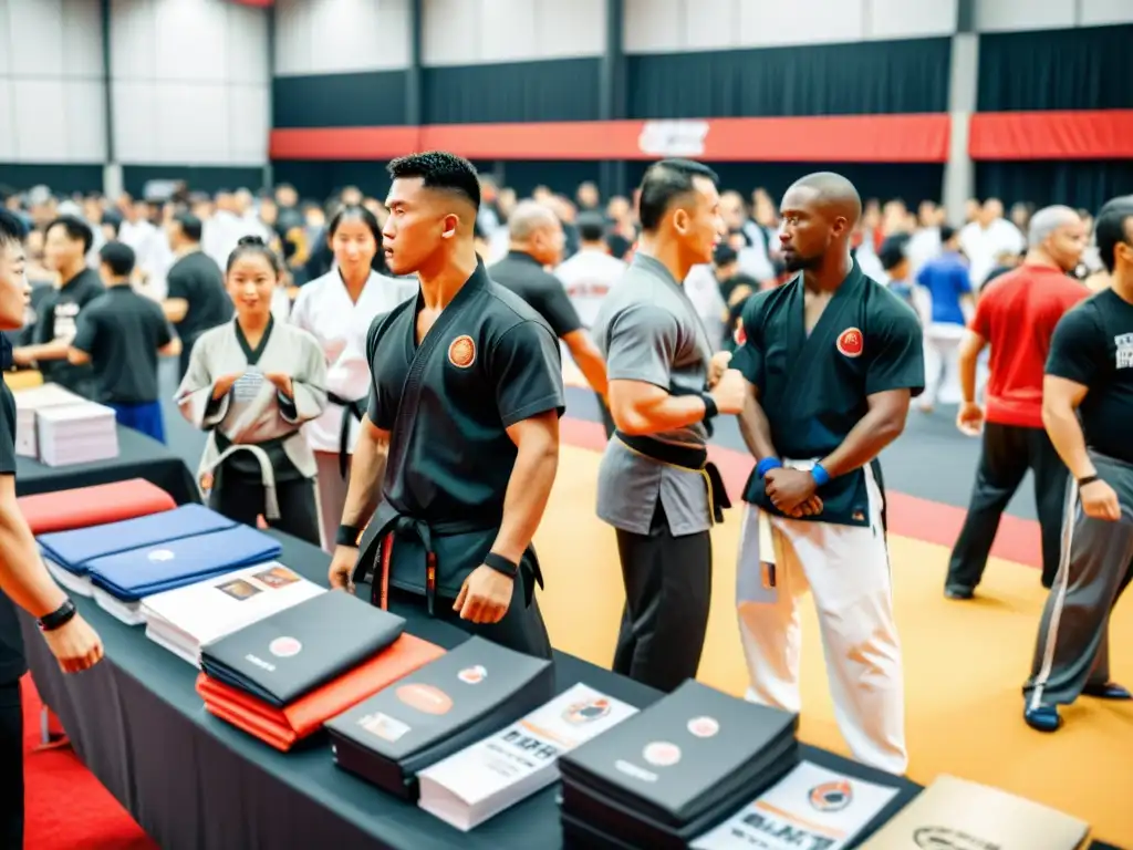 Vibrante evento de artes marciales con demostraciones, competencias y mercancía, apoyando el financiamiento de eventos de artes marciales