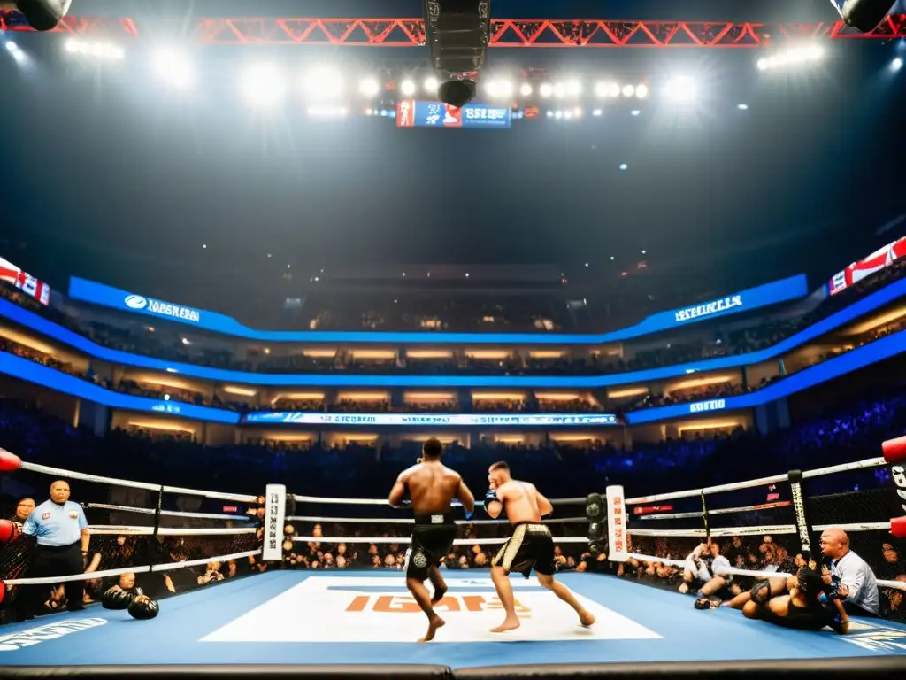 Vibrante evento de artes marciales exclusivo con luchadores en plena acción y una multitud emocionada en un estadio lleno