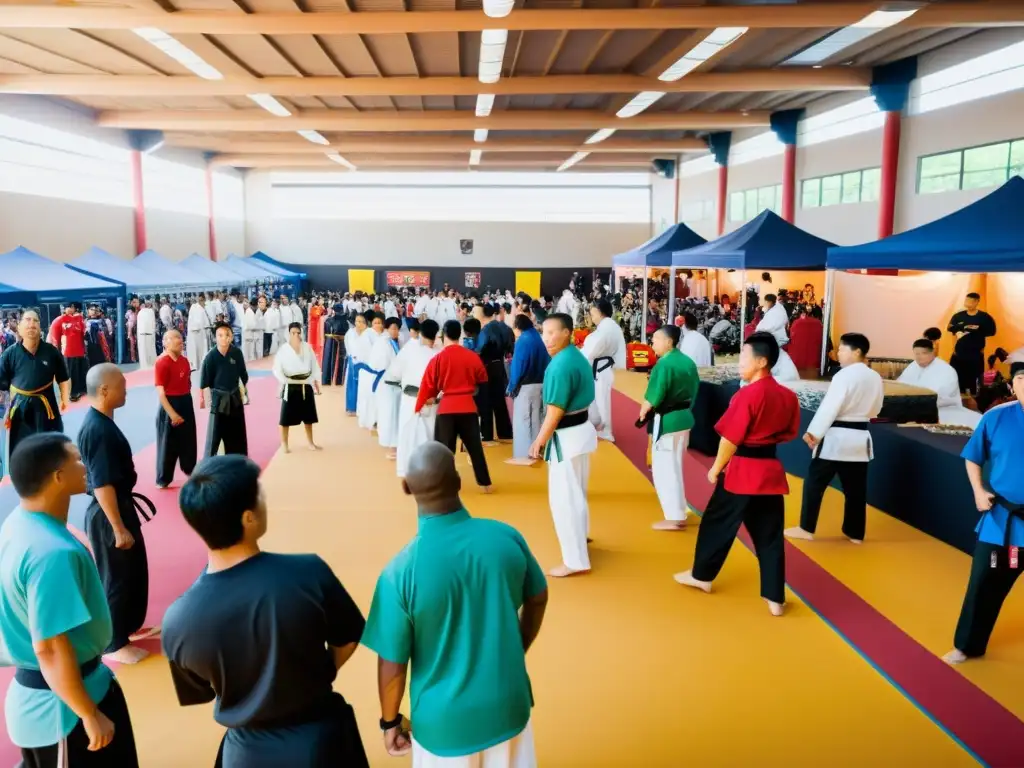 Vibrante evento de artes marciales con actividades y puestos de mercancía, reflejando el financiamiento de eventos de artes marciales