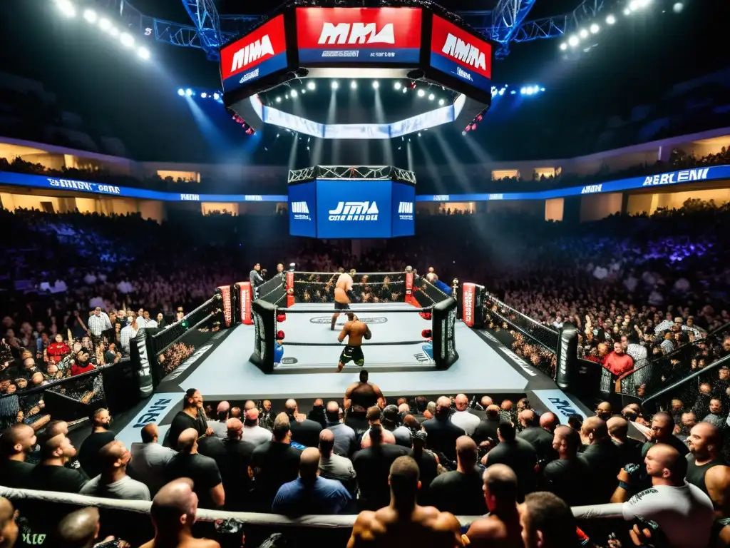 Vibrante evento de MMA en Europa, con luchadores en plena acción y una multitud apasionada