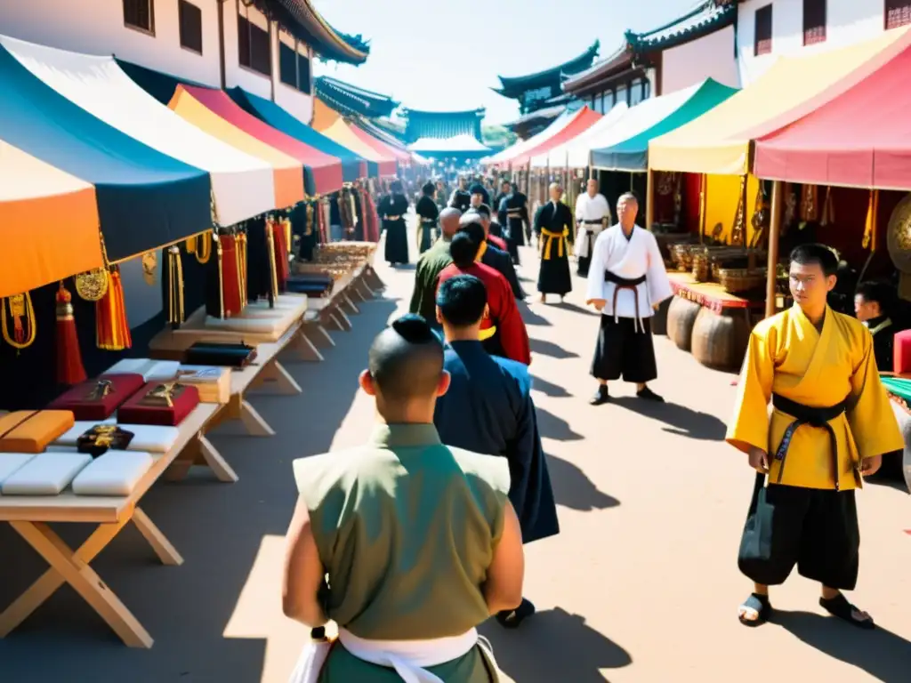 Un vibrante festival de artes marciales con practicantes explorando souvenirs populares entre coloridos puestos en un bullicioso mercado