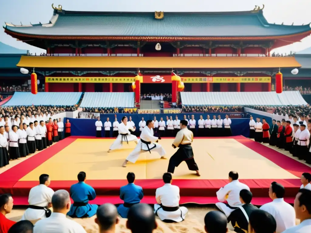 En el vibrante festival de artes marciales, los luchadores exhiben sus habilidades con precisión y velocidad mientras la multitud anima con entusiasmo