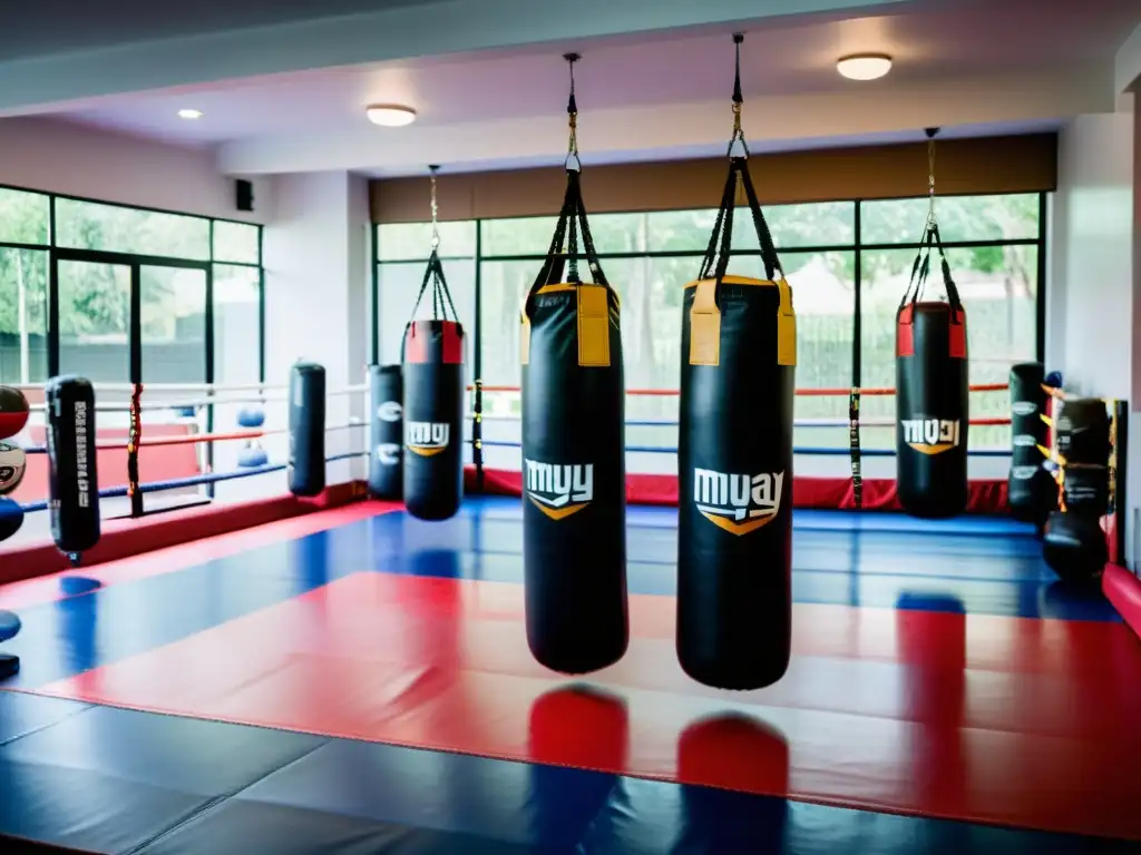 Vibrante gimnasio de Muay Thai con equipamiento evolución Muay Thai, atletas y entrenadores dedicados