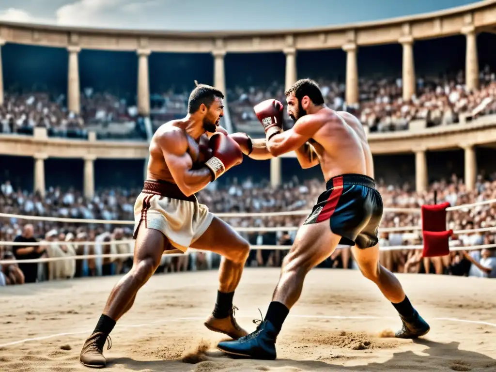 Vibrante imagen de antiguos luchadores griegos en combates de boxeo, mostrando la intensidad y los orígenes del pugilato en Grecia