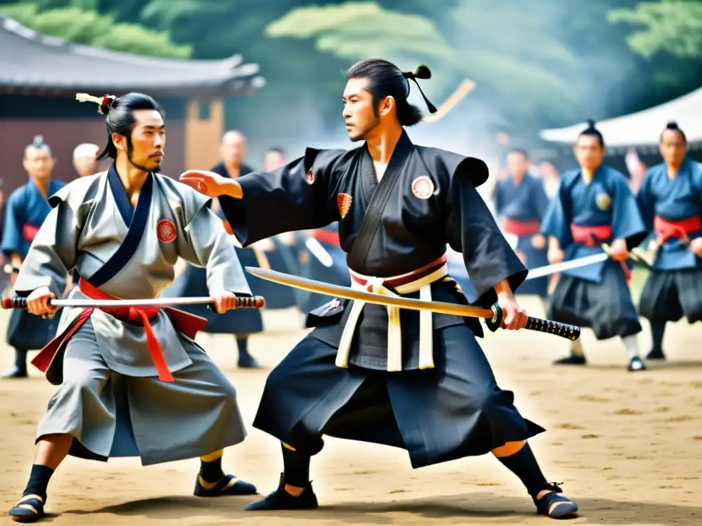 Vibrante representación del Kenjutsu en festivales japoneses con samuráis en trajes tradicionales y una audiencia cautivada