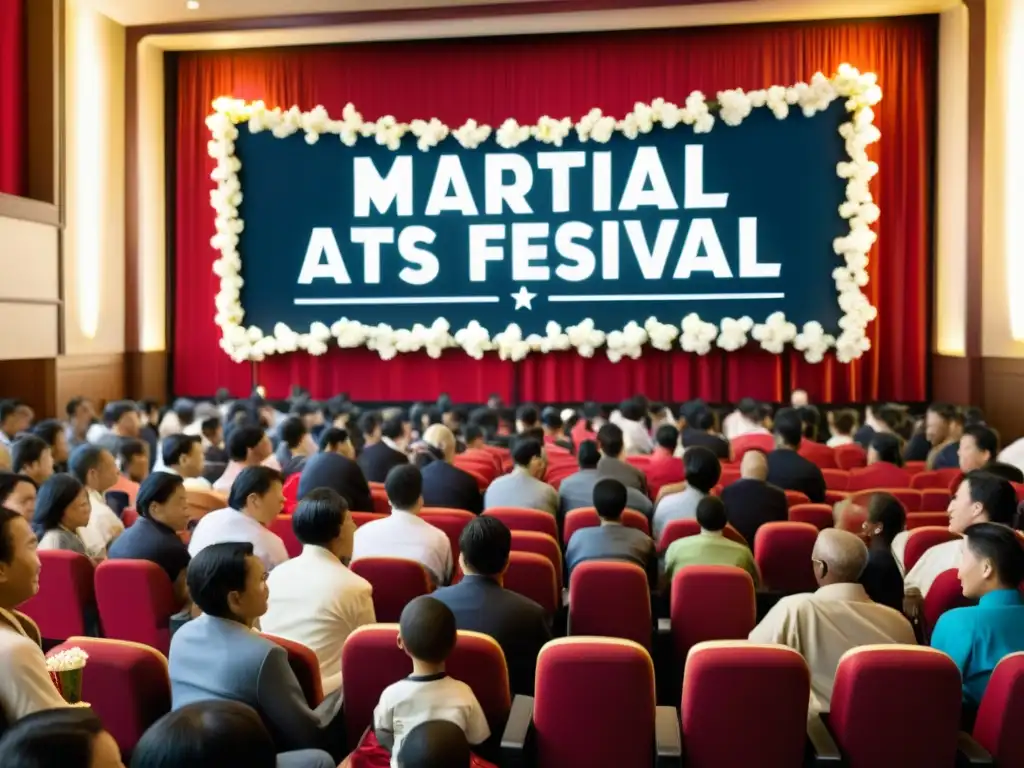 Vibrante lobby de cine con festival de artes marciales