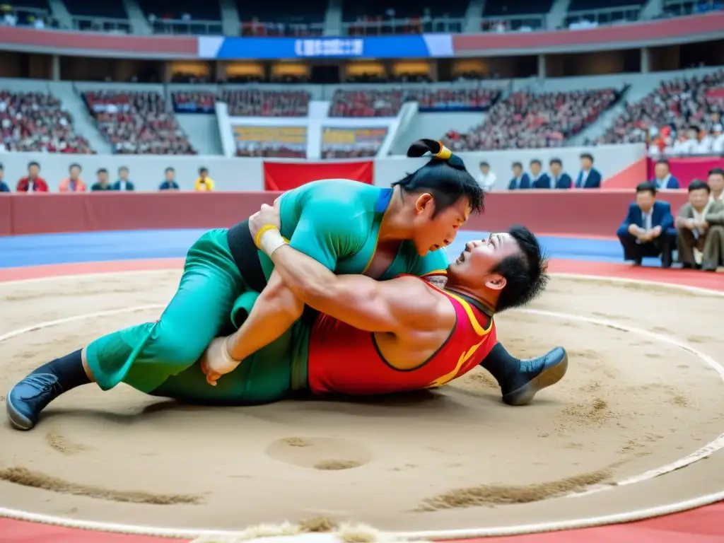 Vibrante lucha de Ssireum en Corea, reflejando el impacto cultural en una arena tradicional y moderna