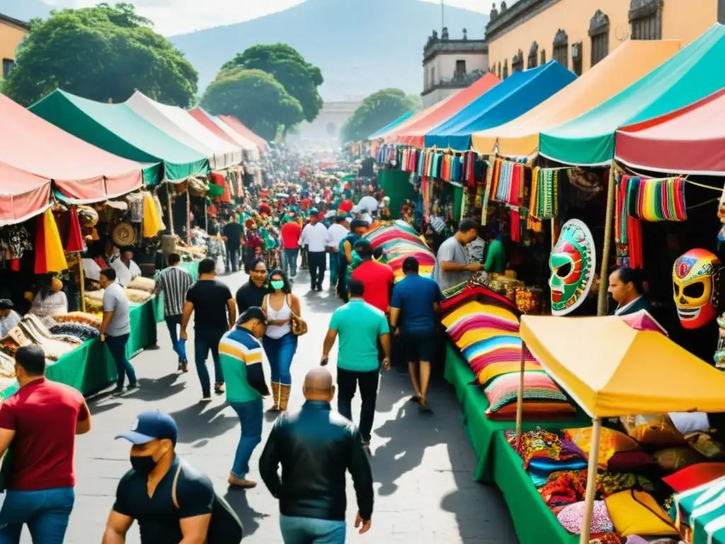 Vibrante mercado al aire libre en Ciudad de México con ropa y accesorios de luchadores favoritos, capturando la atmósfera cultural y animada del lugar