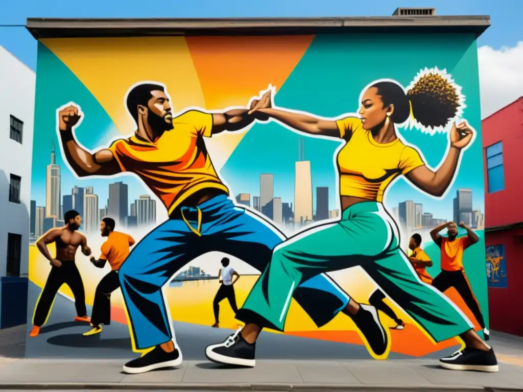 Vibrante mural de street art con bailarines de Capoeira en una ciudad bulliciosa, reflejando la influencia de la Capoeira en cultura pop