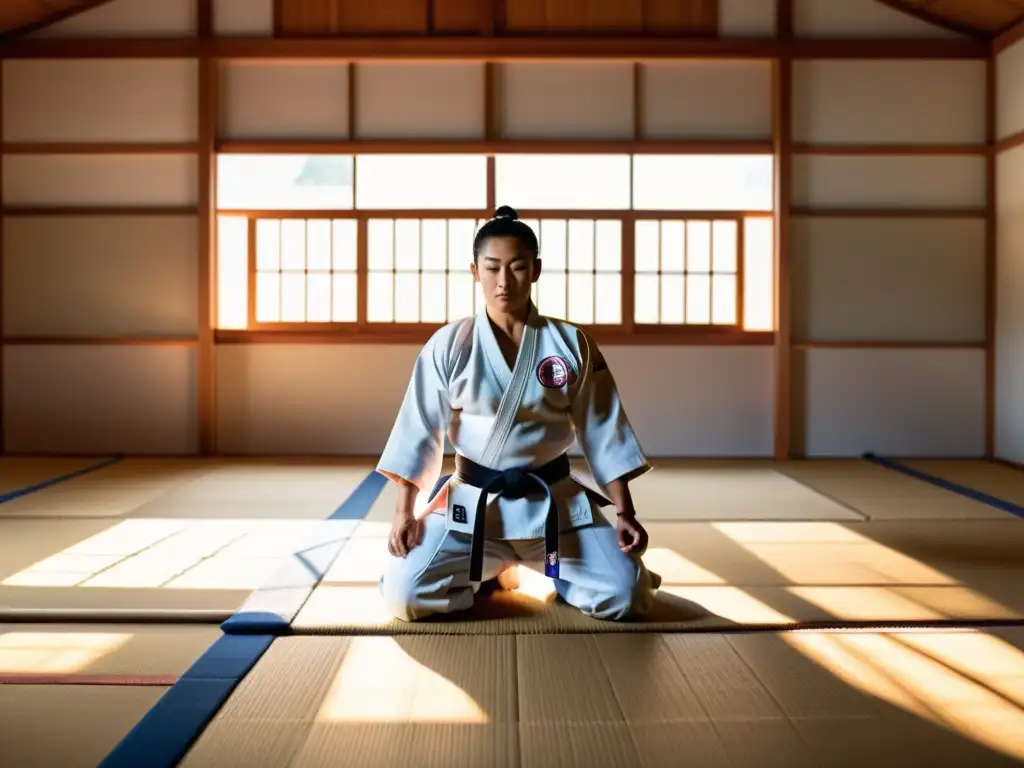 Vibrante práctica de Judo Kodokan en un dojo japonés, con luz natural y sensei demostrando técnicas impecables