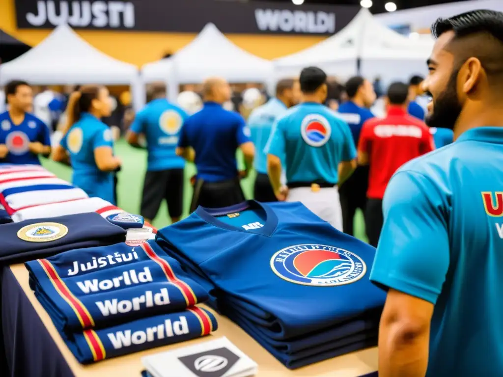 Un vibrante puesto de mercancía en el Campeonato Mundial de JiuJitsu en Abu Dhabi, con productos variados y clientes entusiastas