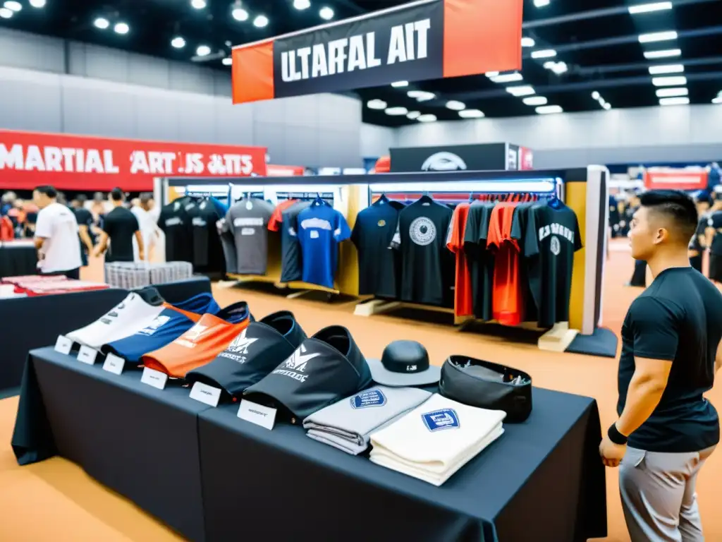 Vibrante puesto de merchandising eventos artes marciales en una concurrida arena, con productos diversos y una atmósfera dinámica y emocionante