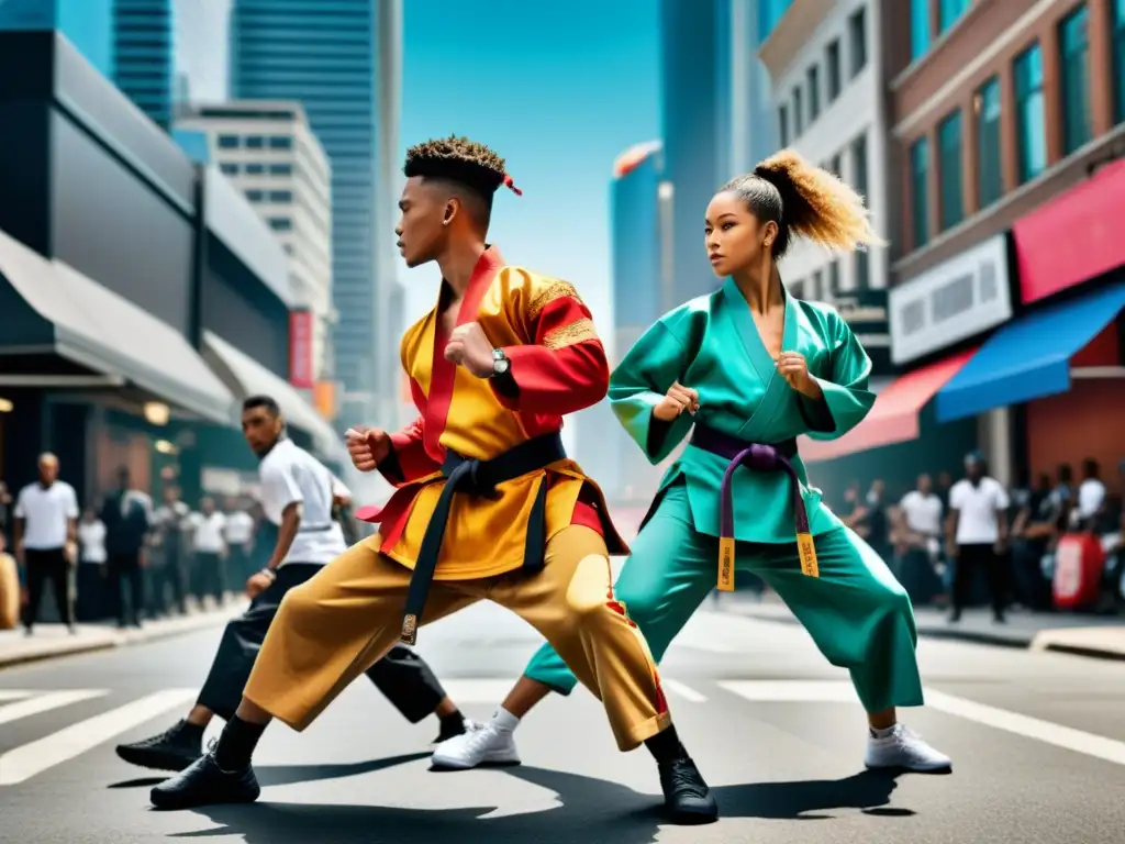 Un vibrante retrato urbano muestra una fusión de la moda urbana y el entrenamiento de artes marciales, reflejando la influencia cultural en la ropa