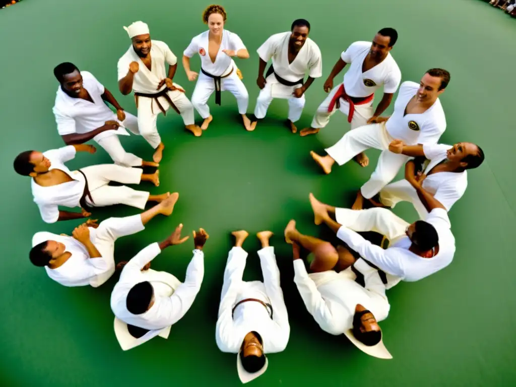 Vibrante roda de capoeira al aire libre, capturando la preservación cultural de este arte afrobrasileño en el ciberespacio