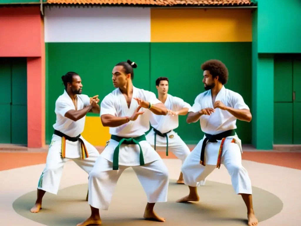 Un vibrante roda de capoeira al aire libre, con practicantes en movimiento fluido, vistiendo atuendos blancos tradicionales y expresando intensidad