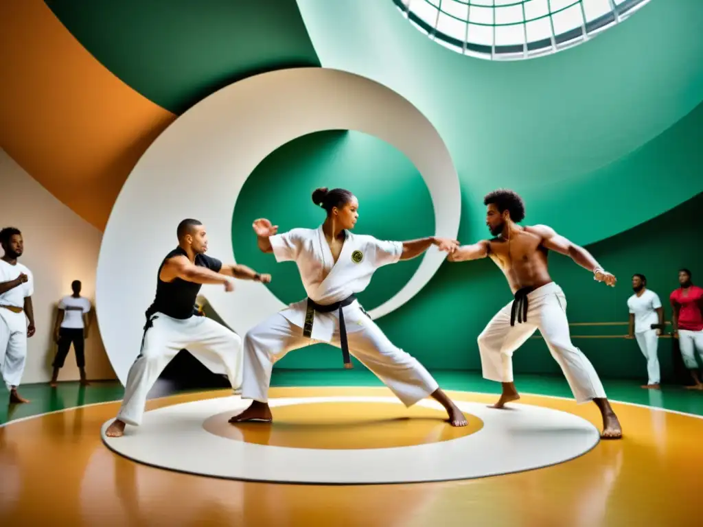 Un vibrante roda de capoeira en la era digital, fusionando tradición y tecnología en un entorno urbano de alta tecnología