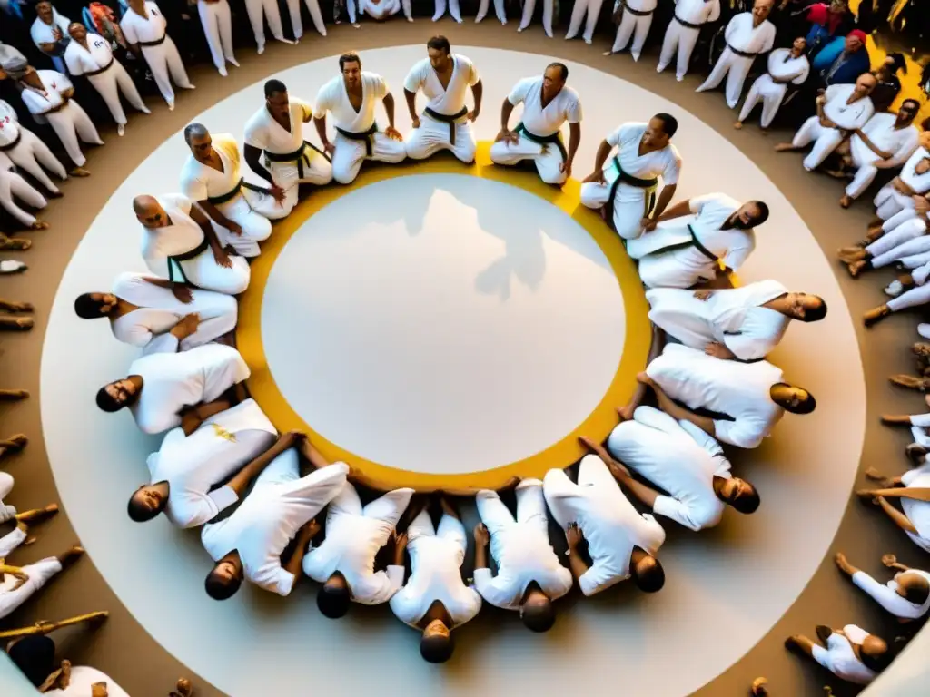 Vibrante roda de Capoeira con grandes maestros en trajes blancos mostrando su destreza y pasión por el arte marcial afrobrasileño