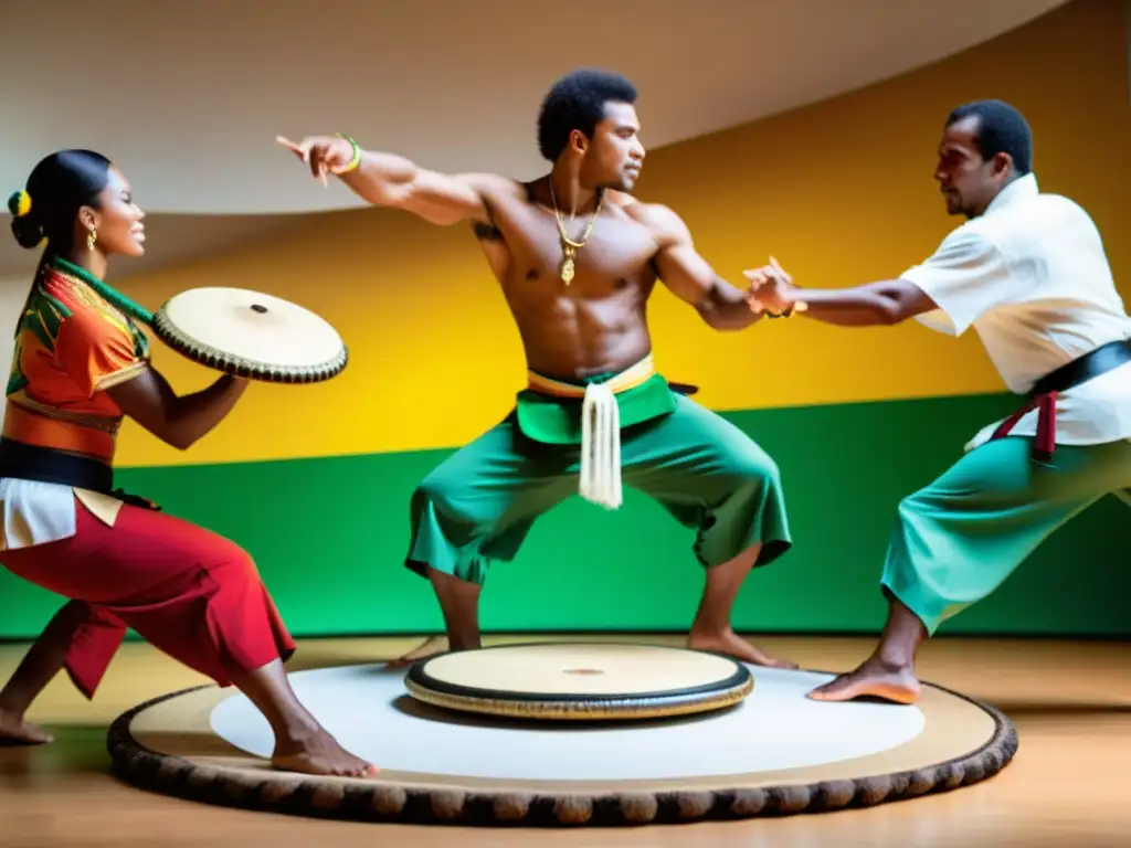 Una vibrante roda de capoeira en Brasil, con músicos tocando instrumentos de Capoeira para música