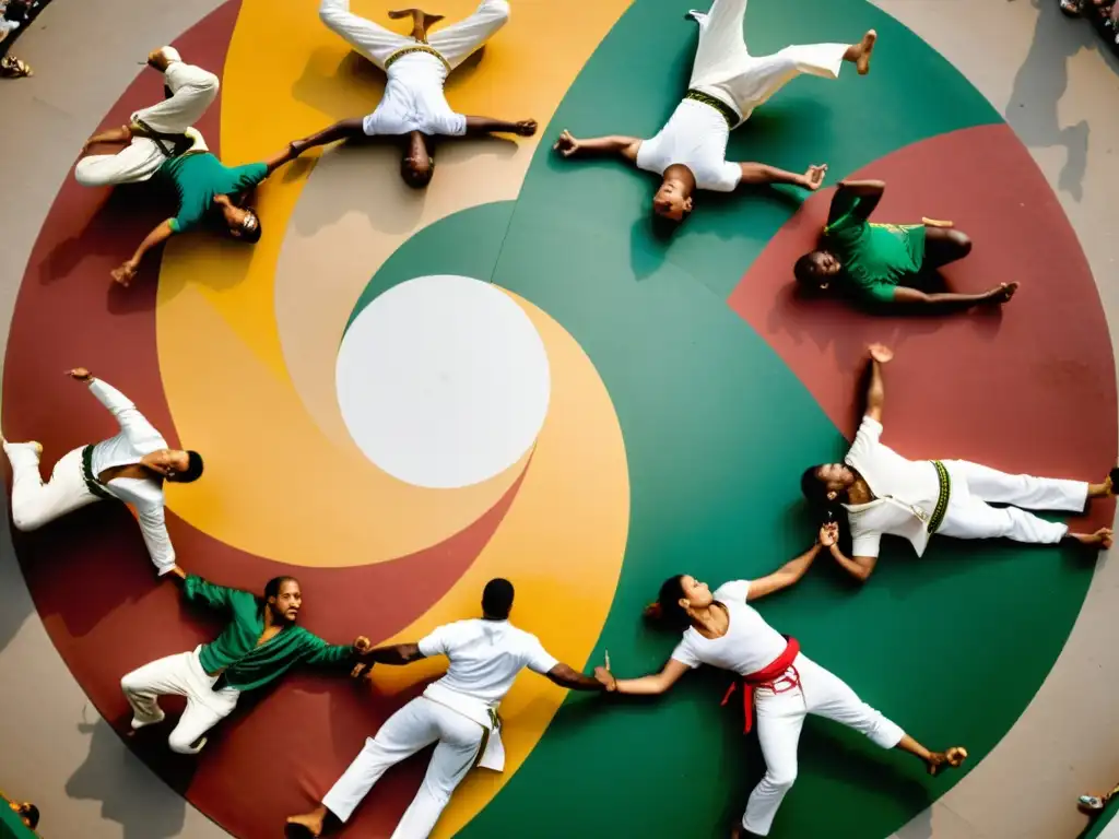 Vibrante roda de capoeira en Brasil, con practicantes en movimiento, colores vivos y energía comunitaria