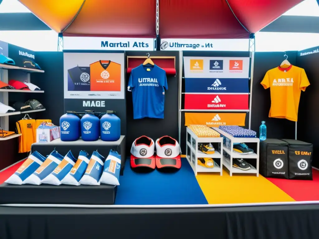 Un vibrante stand de merchandising de eventos de artes marciales, con productos diversos y energía comunitaria