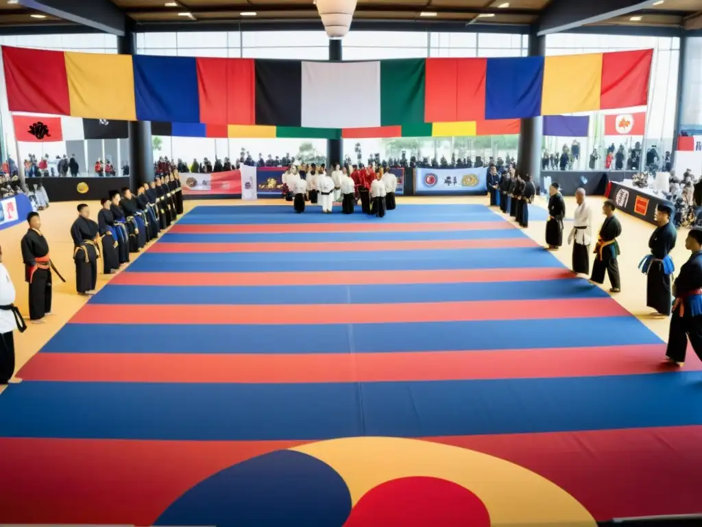 Evento de artes marciales vibrante y emocionante Un vibrante torneo de artes marciales con competidores, espectadores y puestos de merchandising oficial