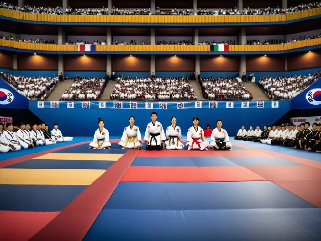 Vibrante torneo de taekwondo con competidores en doboks tradicionales, intensa acción y energía de la multitud