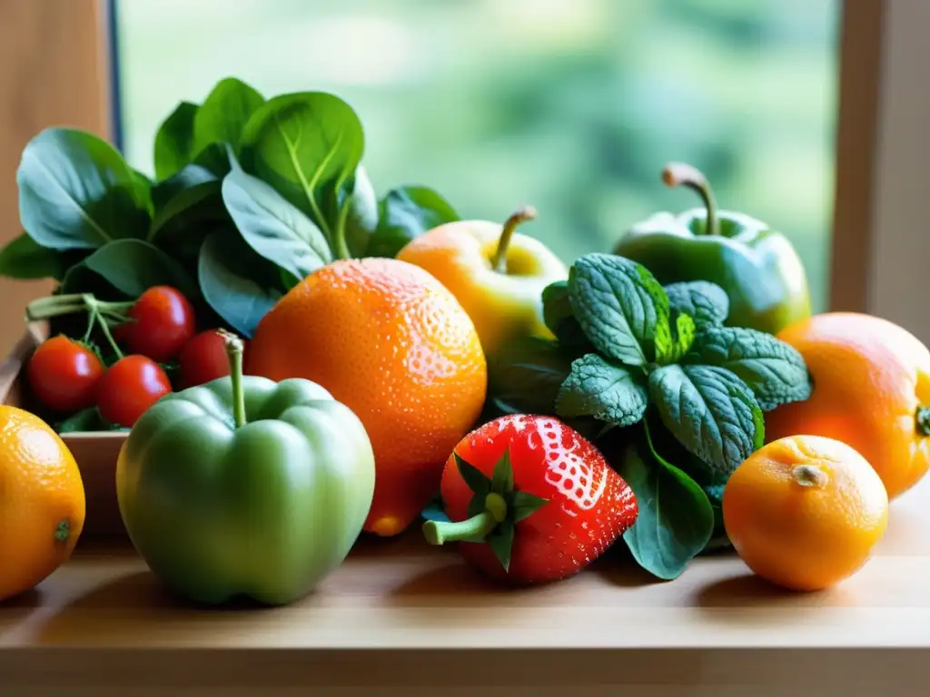 Una vibrante variedad de frutas y verduras frescas se exhibe en una tabla de cortar de madera, iluminada por la luz natural