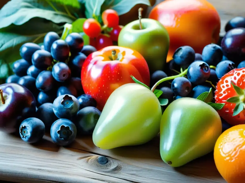 Una vibrante variedad de frutas y verduras frescas en una mesa de madera rústica