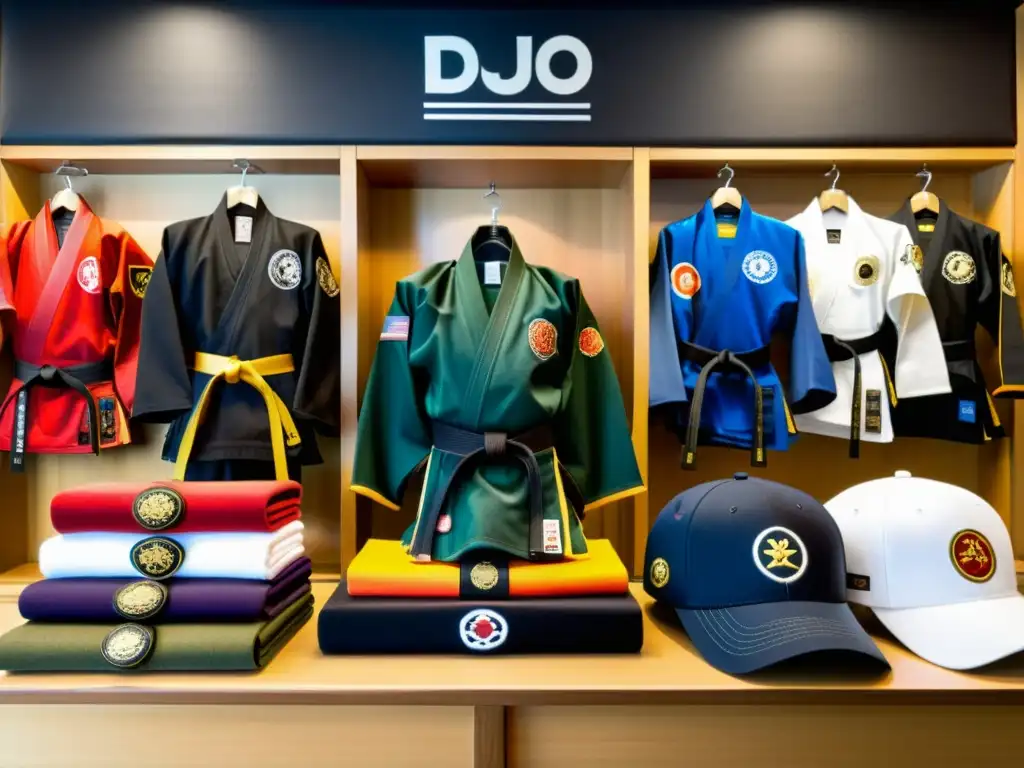 Vibrantes productos de merchandising oficial de artes marciales en un dojo, con colores y detalles que capturan la esencia de la experiencia