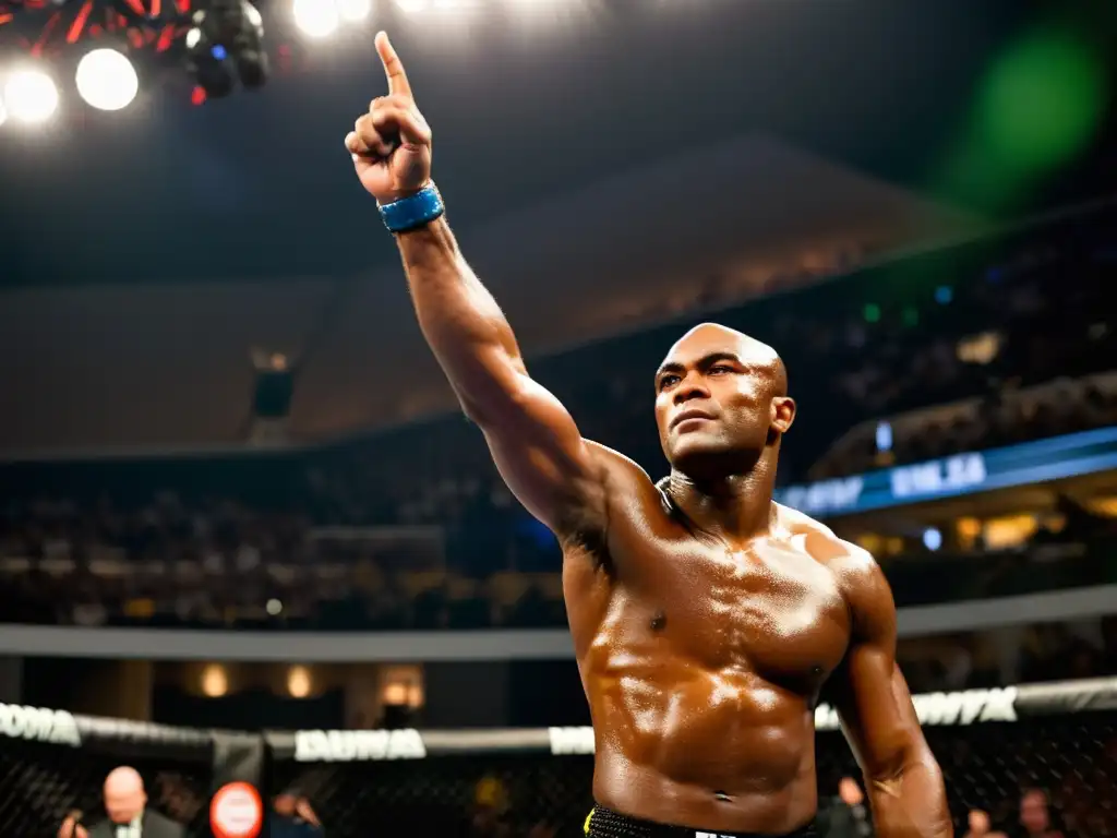 Anderson Silva celebra victoria en el octágono, reflejando su determinación y habilidades que lo convirtieron en una leyenda de la historia de MMA