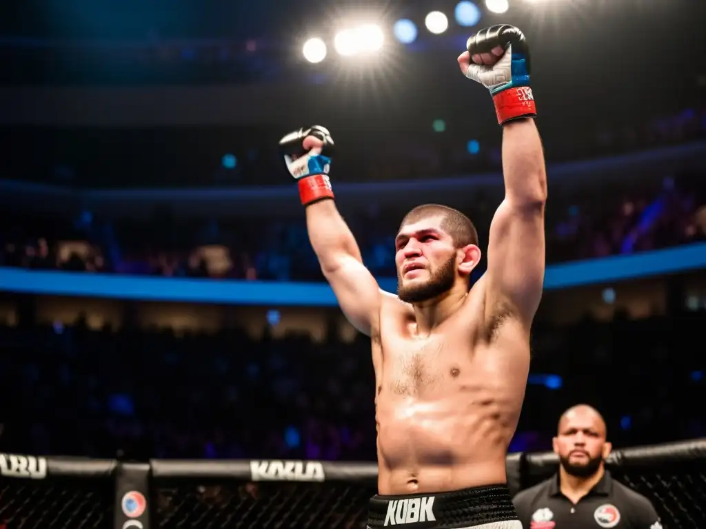 Khabib Nurmagomedov en el octágono, victorioso, mirada determinada, legado invicto en artes marciales