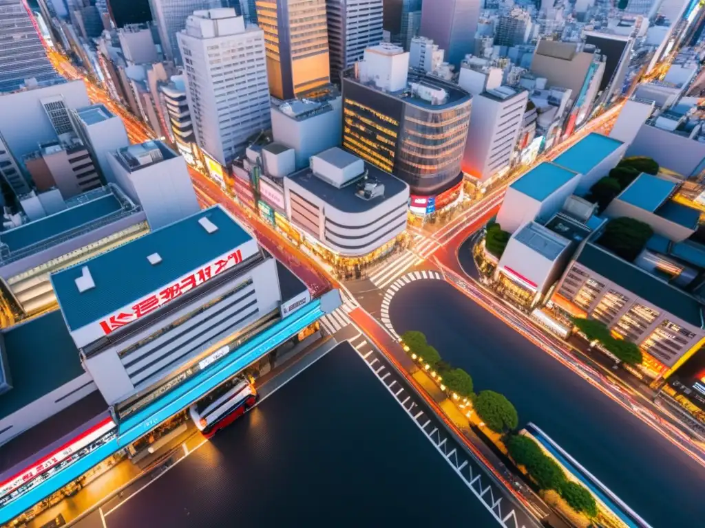 Vista aérea de las bulliciosas calles de Tokio, con rascacielos y luces de neón