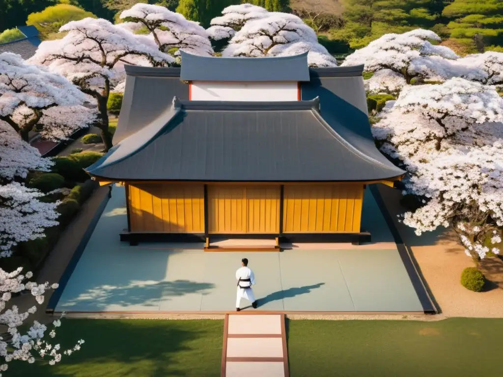 Vista aérea de un dojo japonés con practicantes de Karate, bañado por la cálido sol de la tarde y rodeado de cerezos en flor