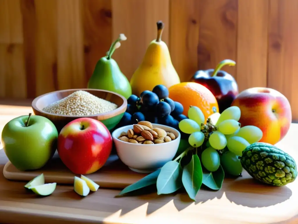 Una vista cercana de una colorida variedad de frutas, vegetales, nueces y granos frescos y orgánicos sobre una tabla de cortar de madera