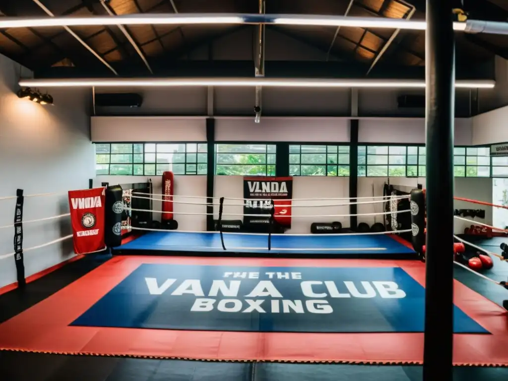 Vista panorámica del bullicioso Vanda Boxing Club en Singapur, lleno de energía y entrenamientos de Muay Thai y boxeo