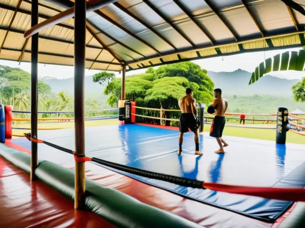 Vista panorámica del campamento de entrenamiento Tiger Muay Thai & MMA en Tailandia, con energía dinámica y vibrante