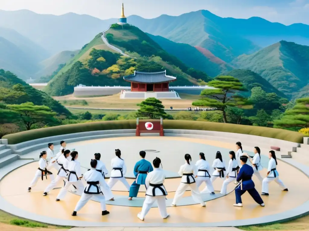 Vista panorámica de la Zona Desmilitarizada (DMZ) en Corea con practicantes de Taekwondo de Corea del Norte y del Sur, demostrando unidad y paz